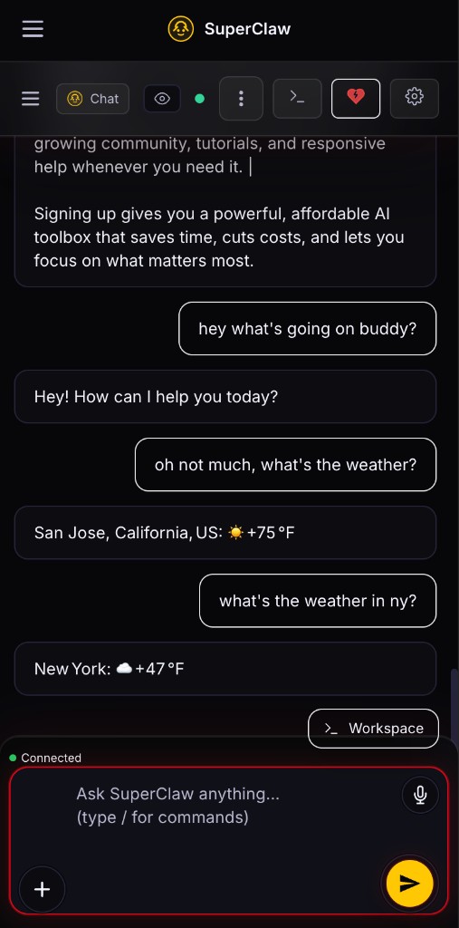 SuperClaw — mobile chat
